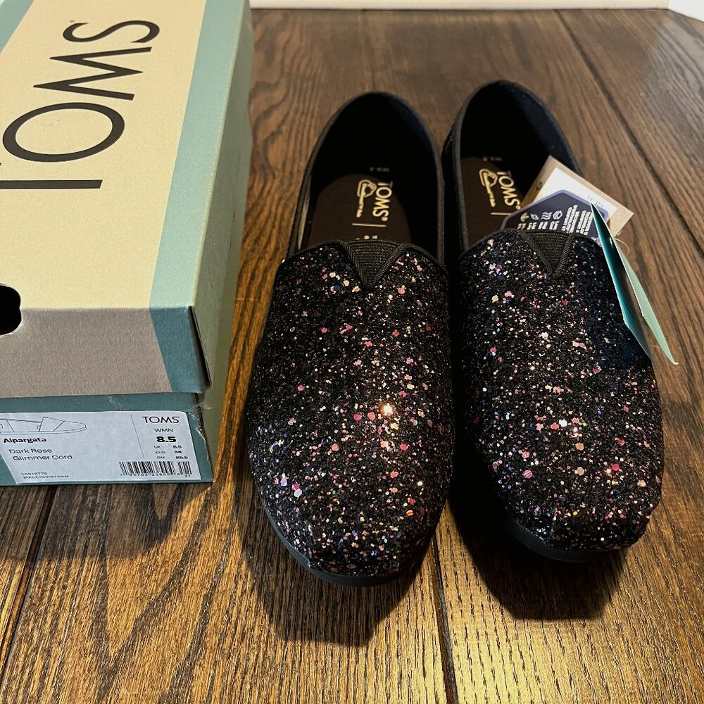 NWT Toms Black Rose Glitter Alpargata Slip On Flats 8.5